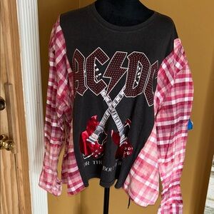 Upcycled woman’s Graphic Long Sleeve Shirt - Black and Pink with flannel